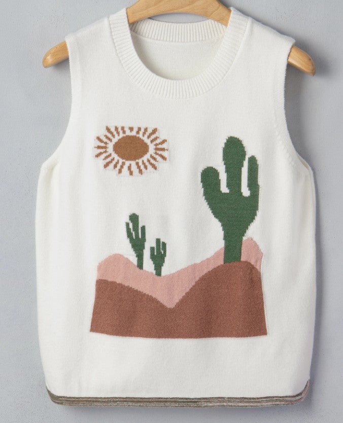 Multicolour Cactus Western Oasis Loose Sweater Vest - DENIM & ONYX