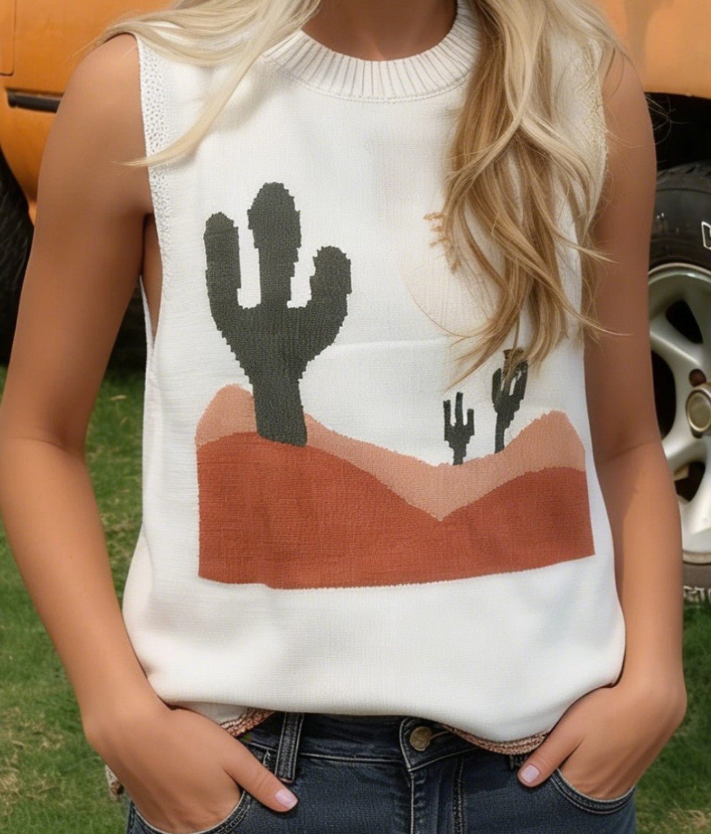 Multicolour Cactus Western Oasis Loose Sweater Vest - DENIM & ONYX