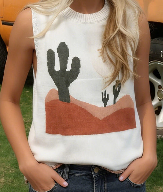 Multicolour Cactus Western Oasis Loose Sweater Vest - DENIM & ONYX