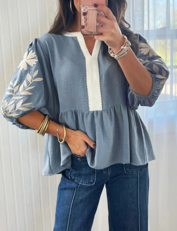Myosotis Block Patchwork V Neck Embroidered Puff Sleeve Babydoll Blouse - DENIM & ONYX