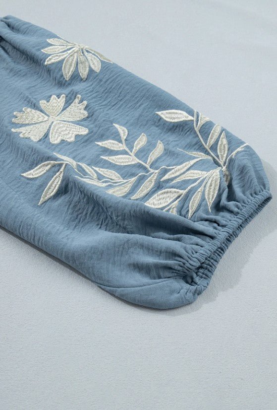 Myosotis Block Patchwork V Neck Embroidered Puff Sleeve Babydoll Blouse - DENIM & ONYX