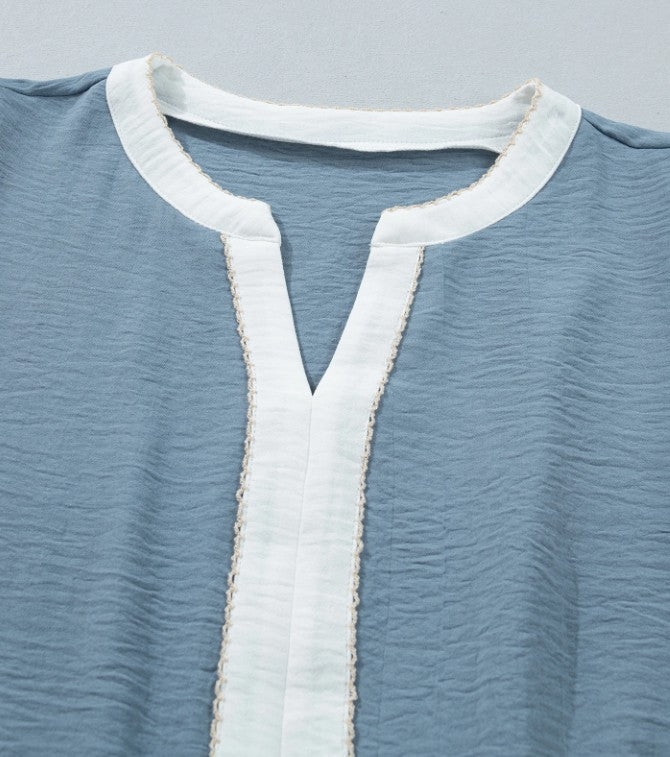 Myosotis Block Patchwork V Neck Embroidered Puff Sleeve Babydoll Blouse - DENIM & ONYX