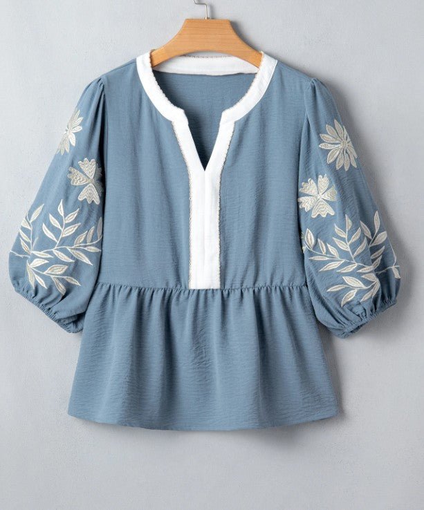 Myosotis Block Patchwork V Neck Embroidered Puff Sleeve Babydoll Blouse - DENIM & ONYX