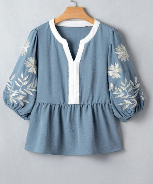 Myosotis Block Patchwork V Neck Embroidered Puff Sleeve Babydoll Blouse - DENIM & ONYX