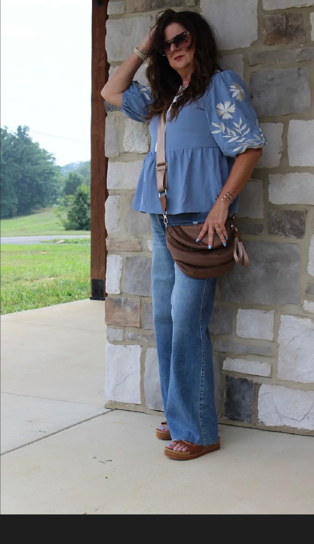 Myosotis Block Patchwork V Neck Embroidered Puff Sleeve Babydoll Blouse - DENIM & ONYX