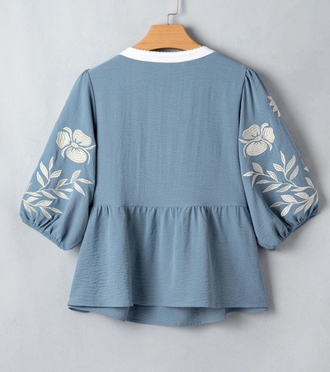 Myosotis Block Patchwork V Neck Embroidered Puff Sleeve Babydoll Blouse - DENIM & ONYX