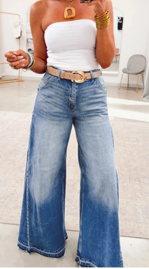 Myosotis Side Seam Gathering Flare Leg Jeans Full Length Denim Pants - DENIM & ONYX
