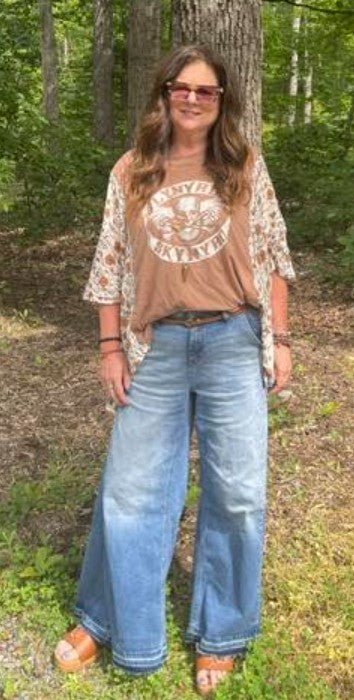 Myosotis Side Seam Gathering Flare Leg Jeans Full Length Denim Pants - DENIM & ONYX