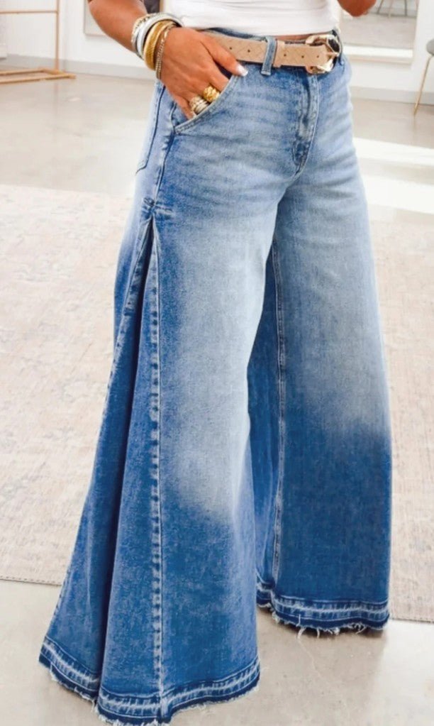 Myosotis Side Seam Gathering Flare Leg Jeans Full Length Denim Pants - DENIM & ONYX
