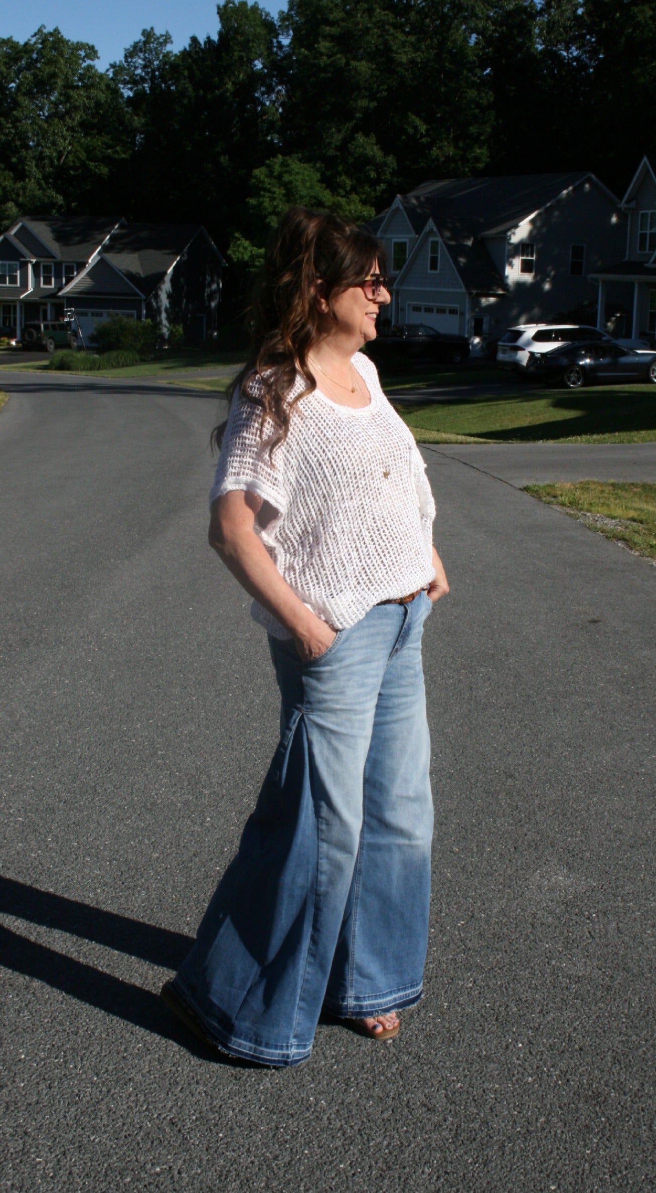Myosotis Side Seam Gathering Flare Leg Jeans Full Length Denim Pants - DENIM & ONYX