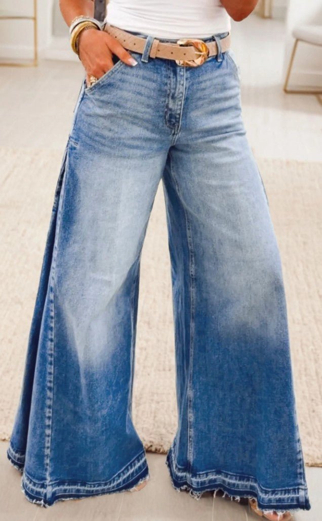 Myosotis Side Seam Gathering Flare Leg Jeans Full Length Denim Pants - DENIM & ONYX