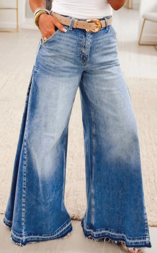 Myosotis Side Seam Gathering Flare Leg Jeans Full Length Denim Pants - DENIM & ONYX