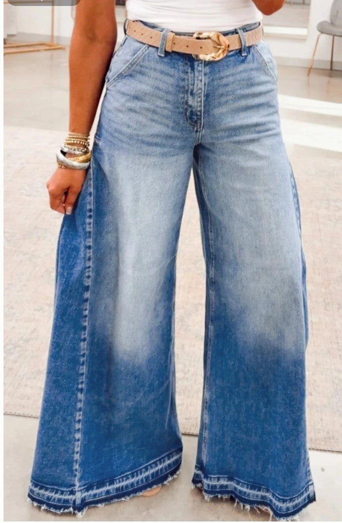 Myosotis Side Seam Gathering Flare Leg Jeans Full Length Denim Pants - DENIM & ONYX