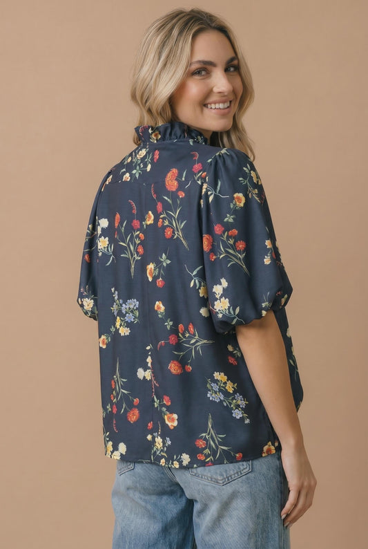 Notch Neck Floral Empire Waist Woven Top Plus - DENIM & ONYX
