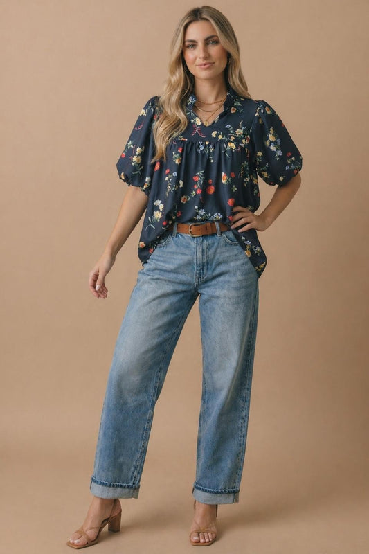 Notch Neck Floral Empire Waist Woven Top Plus - DENIM & ONYX