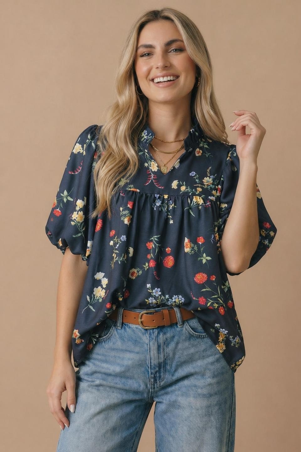 Notch Neck Floral Empire Waist Woven Top Plus - DENIM & ONYX