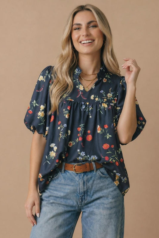 Notch Neck Floral Empire Waist Woven Top Plus - DENIM & ONYX