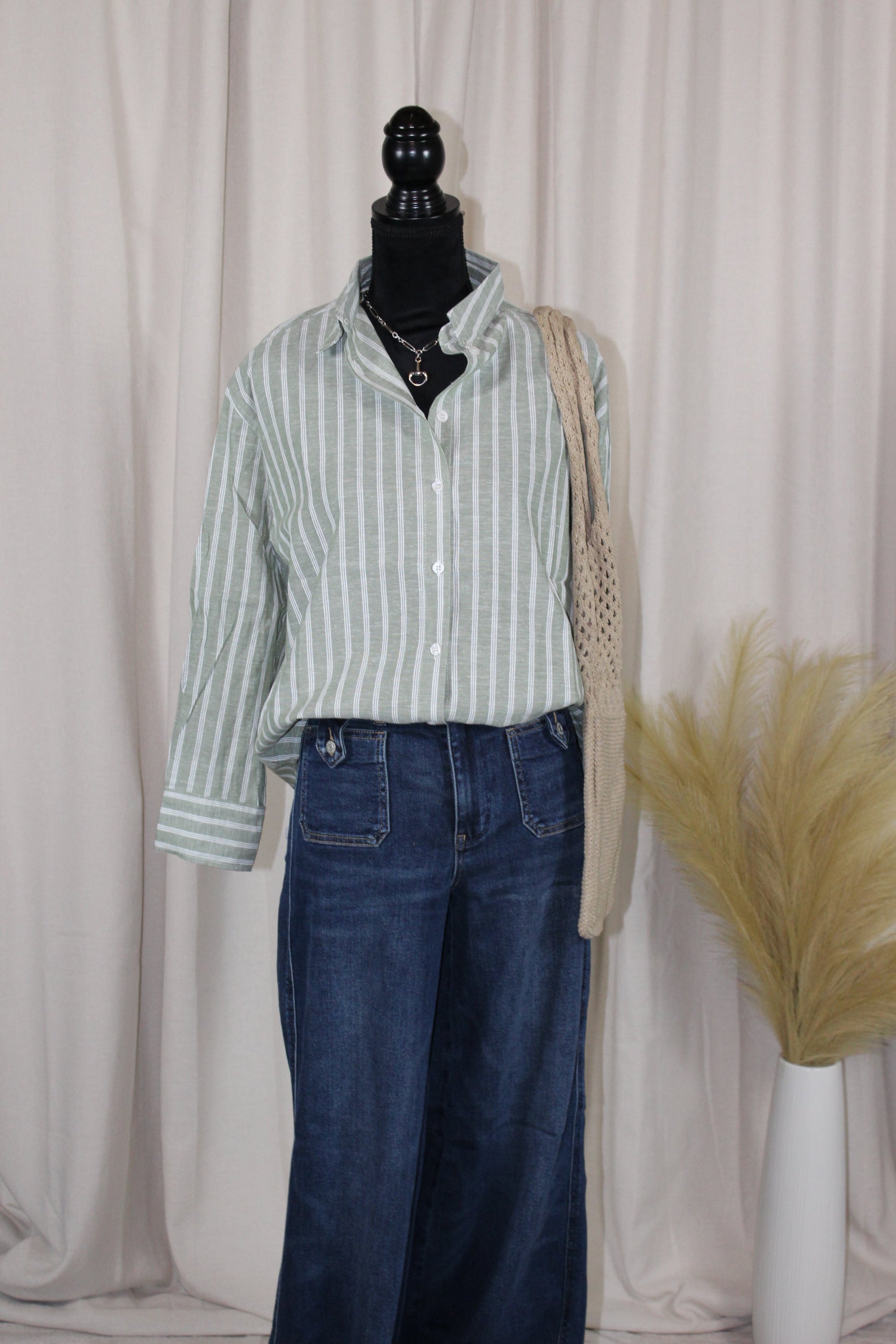 Oversized Linen Blend Button-Down Stripe Shirt - DENIM & ONYX