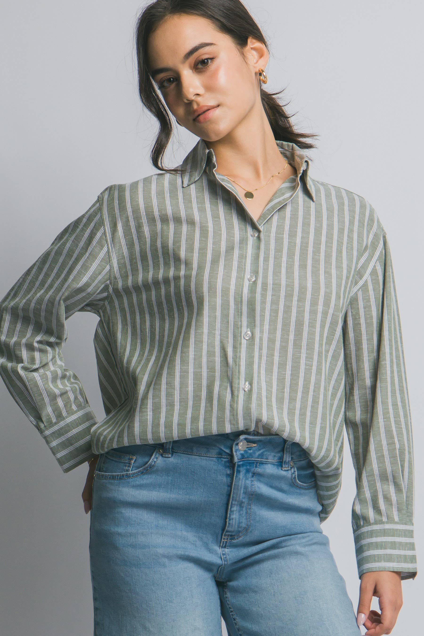 Oversized Linen Blend Button-Down Stripe Shirt - DENIM & ONYX