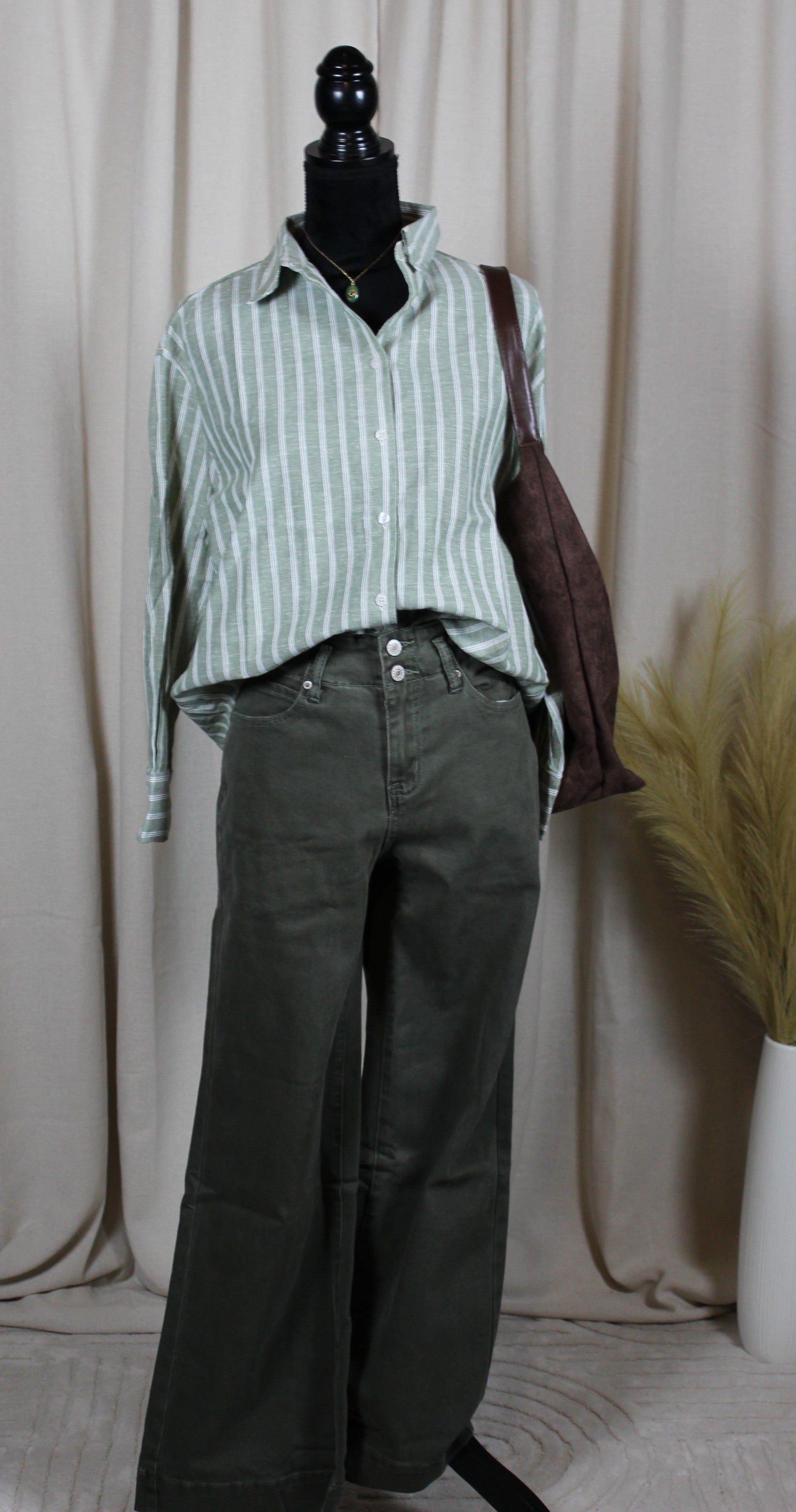 Oversized Linen Blend Button-Down Stripe Shirt - DENIM & ONYX