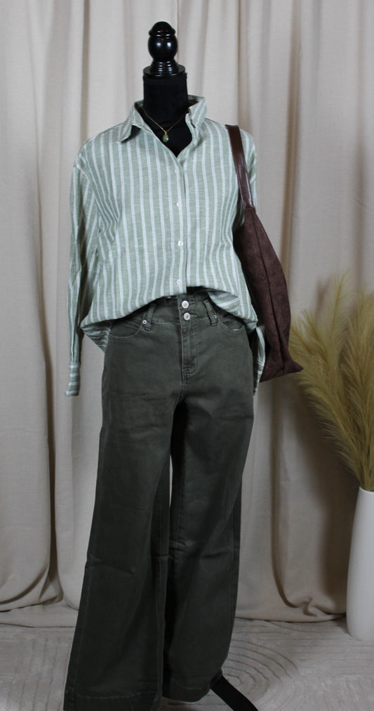 Oversized Linen Blend Button-Down Stripe Shirt - DENIM & ONYX