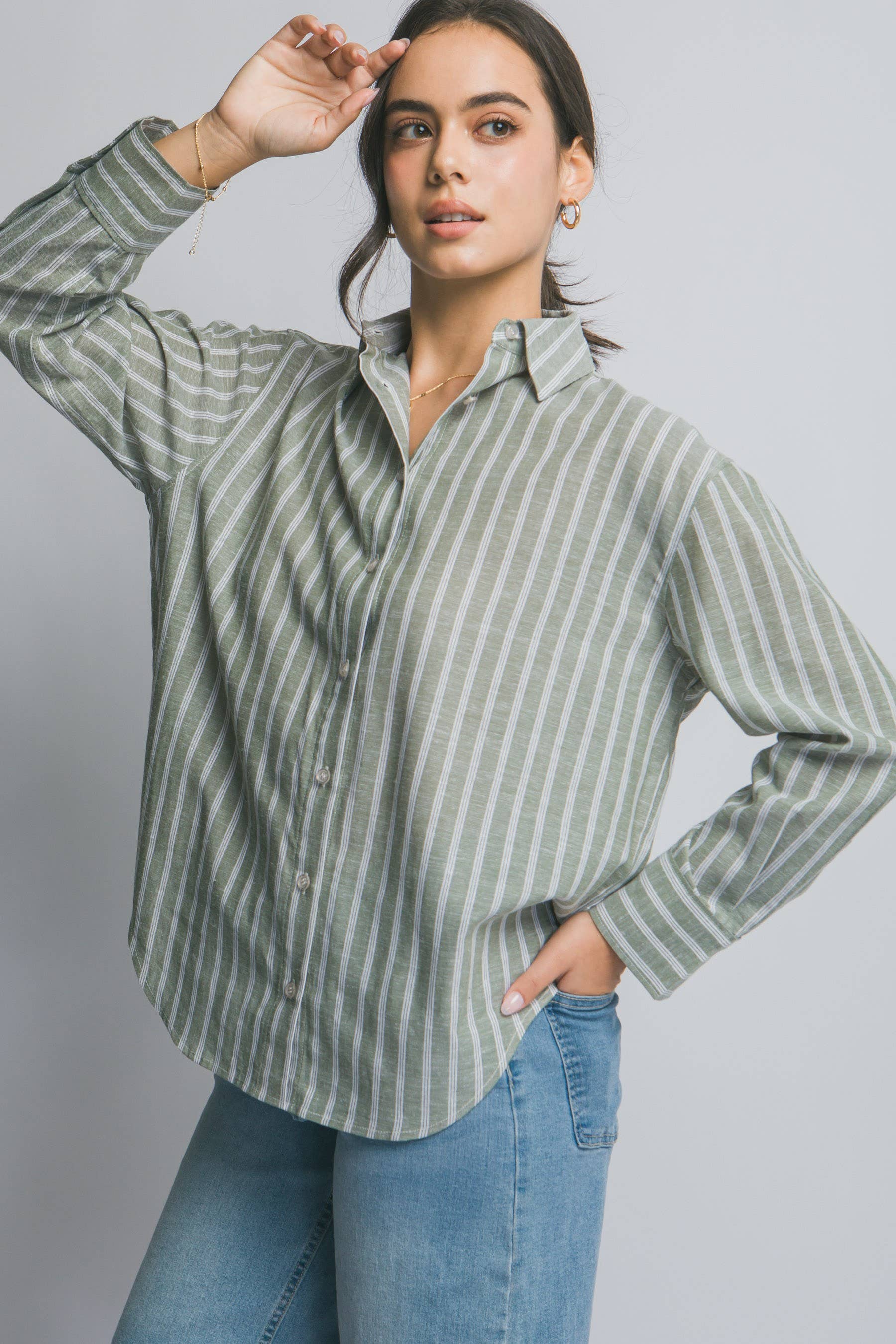 Oversized Linen Blend Button-Down Stripe Shirt - DENIM & ONYX