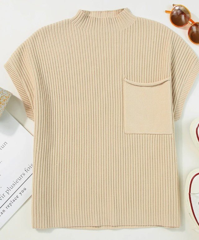 Patch Pocket Ribbed Knit Short Sleeve Sweater - DENIM & ONYX
