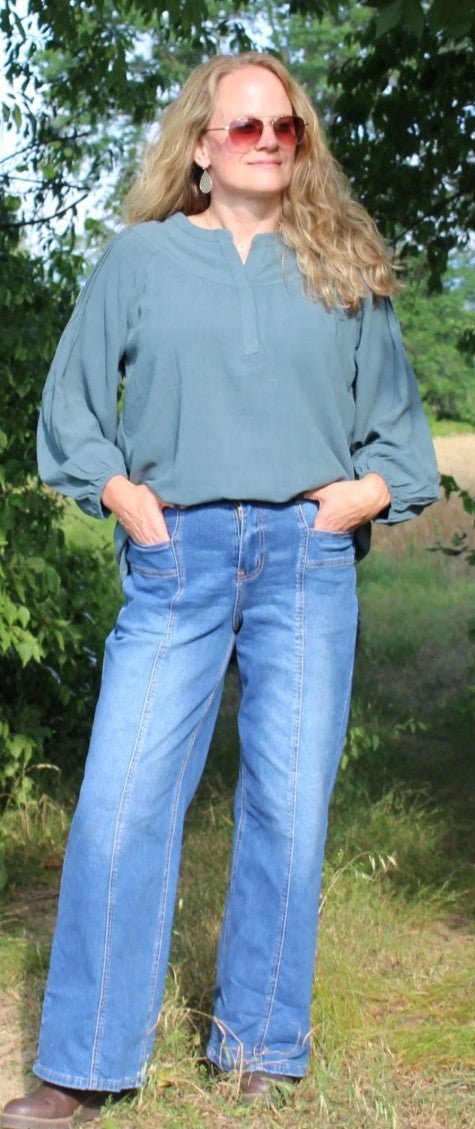PINTUCK DETAIL LONG SLEEVE WOVEN TOP - DENIM & ONYX