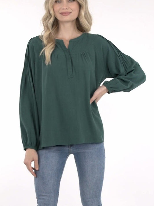 PINTUCK DETAIL LONG SLEEVE WOVEN TOP - DENIM & ONYX