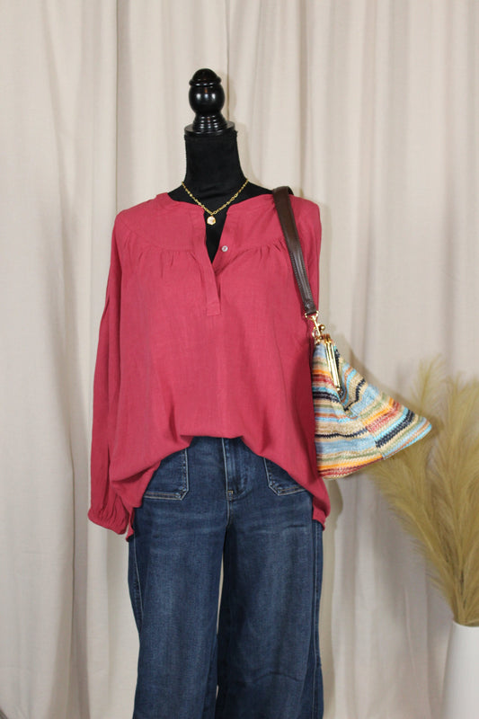 Pintuck Detail Long Sleeve Woven Top - DENIM & ONYX