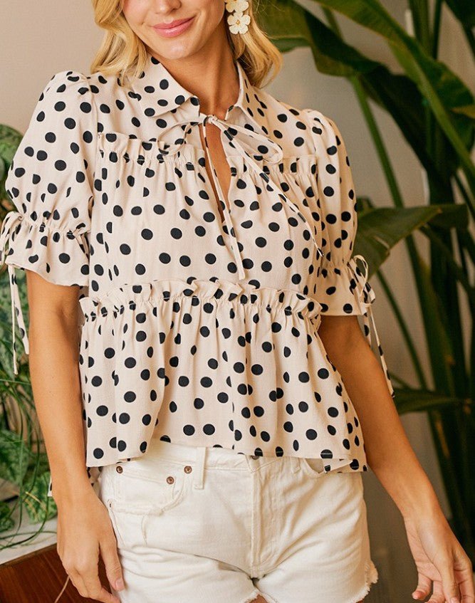Polka Dots Woven Ruffled Detail V Neck Blouse Top - DENIM & ONYX