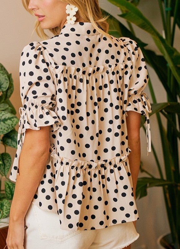Polka Dots Woven Ruffled Detail V Neck Blouse Top - DENIM & ONYX
