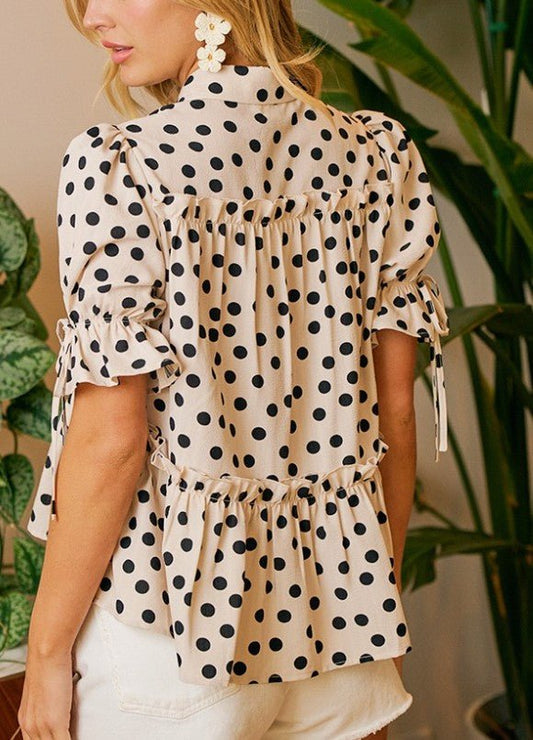 Polka Dots Woven Ruffled Detail V Neck Blouse Top - DENIM & ONYX