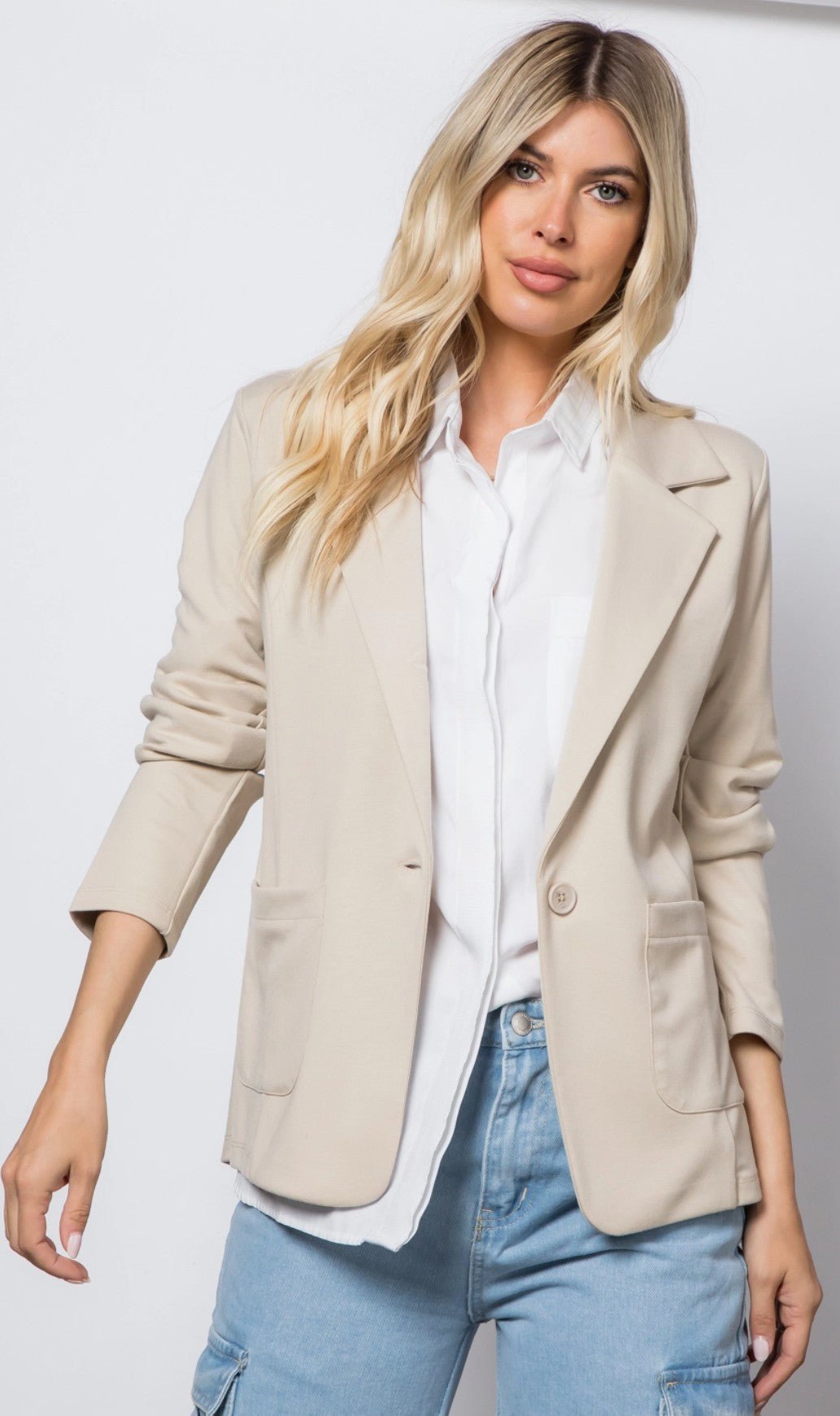 Ponte One Button Front /W Patch Pocket Blazer - DENIM & ONYX