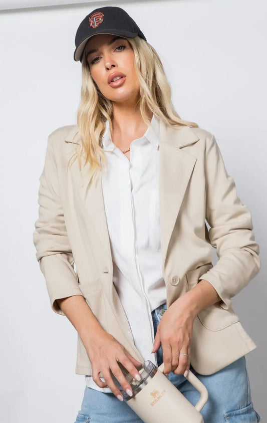Ponte One Button Front /W Patch Pocket Blazer - DENIM & ONYX