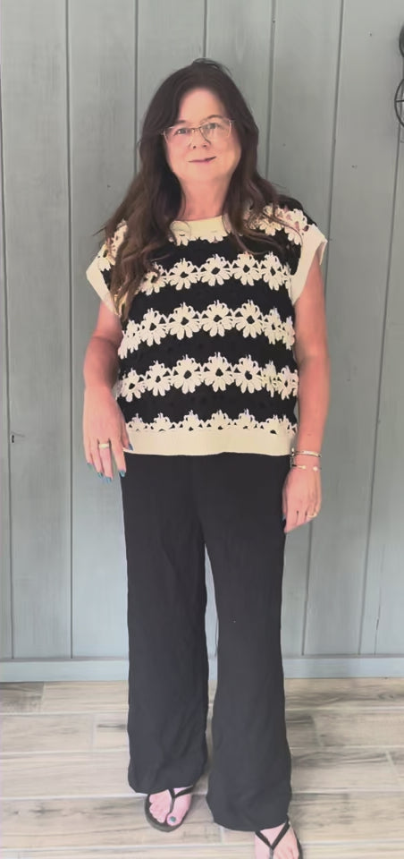 Alternating Floral Crochet Knit Drop Shoulder Top