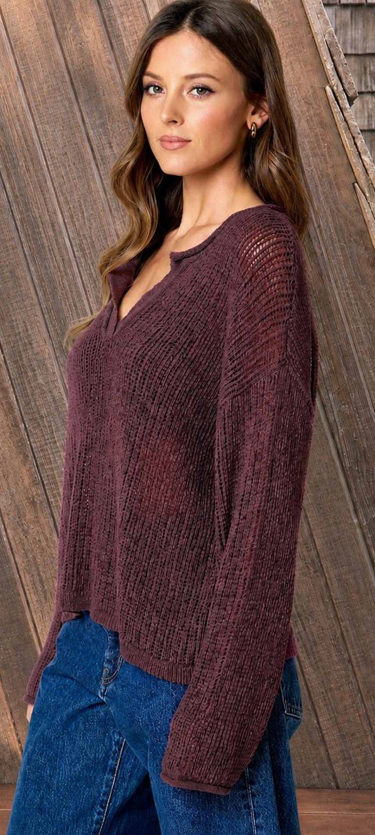 Raw Edge Split Neck Knit Sweater - DENIM & ONYX
