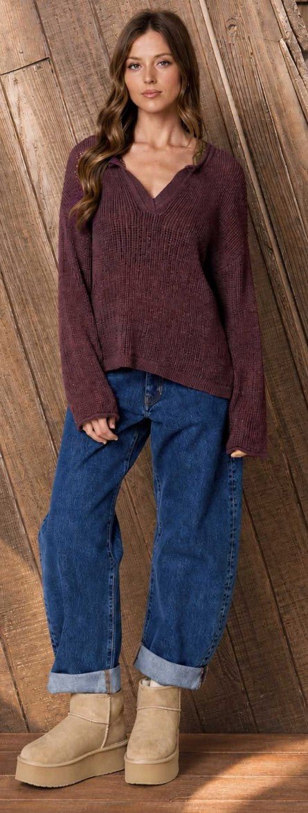 Raw Edge Split Neck Knit Sweater - DENIM & ONYX