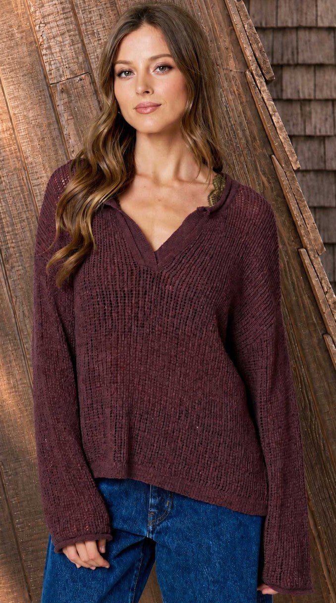 Raw Edge Split Neck Knit Sweater - DENIM & ONYX