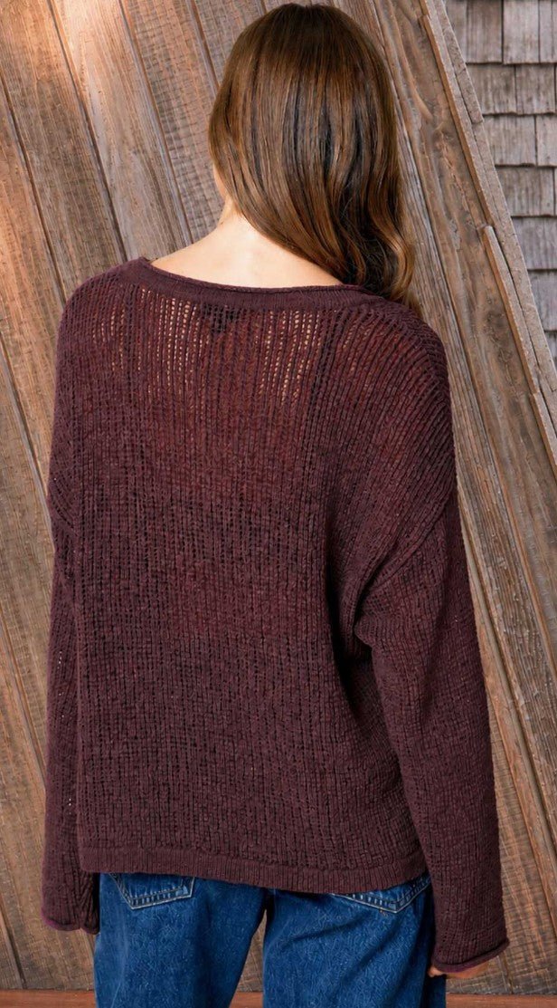 Raw Edge Split Neck Knit Sweater - DENIM & ONYX