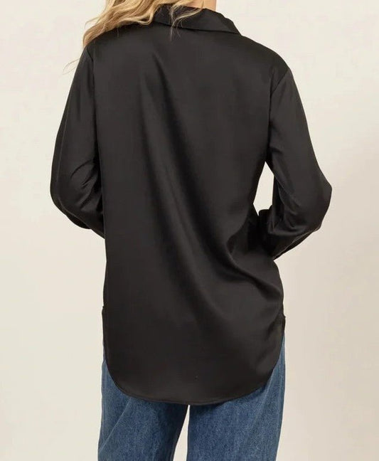 Satin Button-Down Shirt - DENIM & ONYX