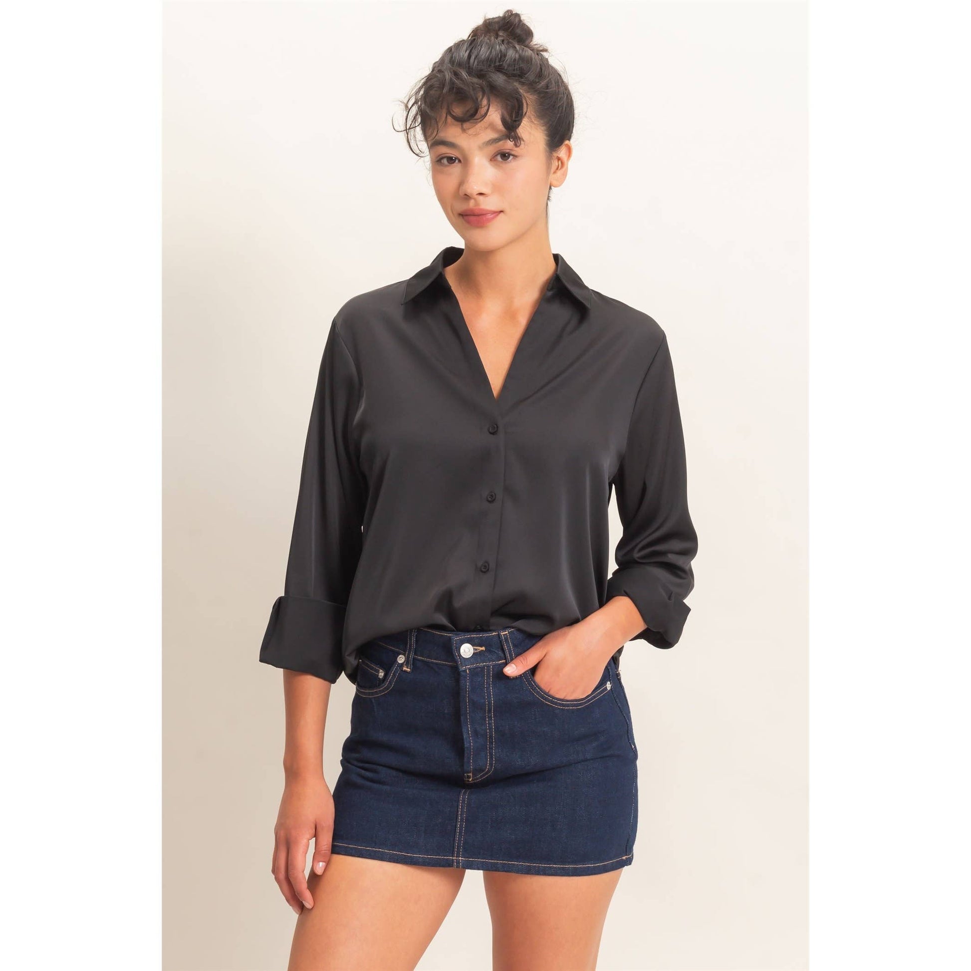 Satin Button-Down Shirt - DENIM & ONYX