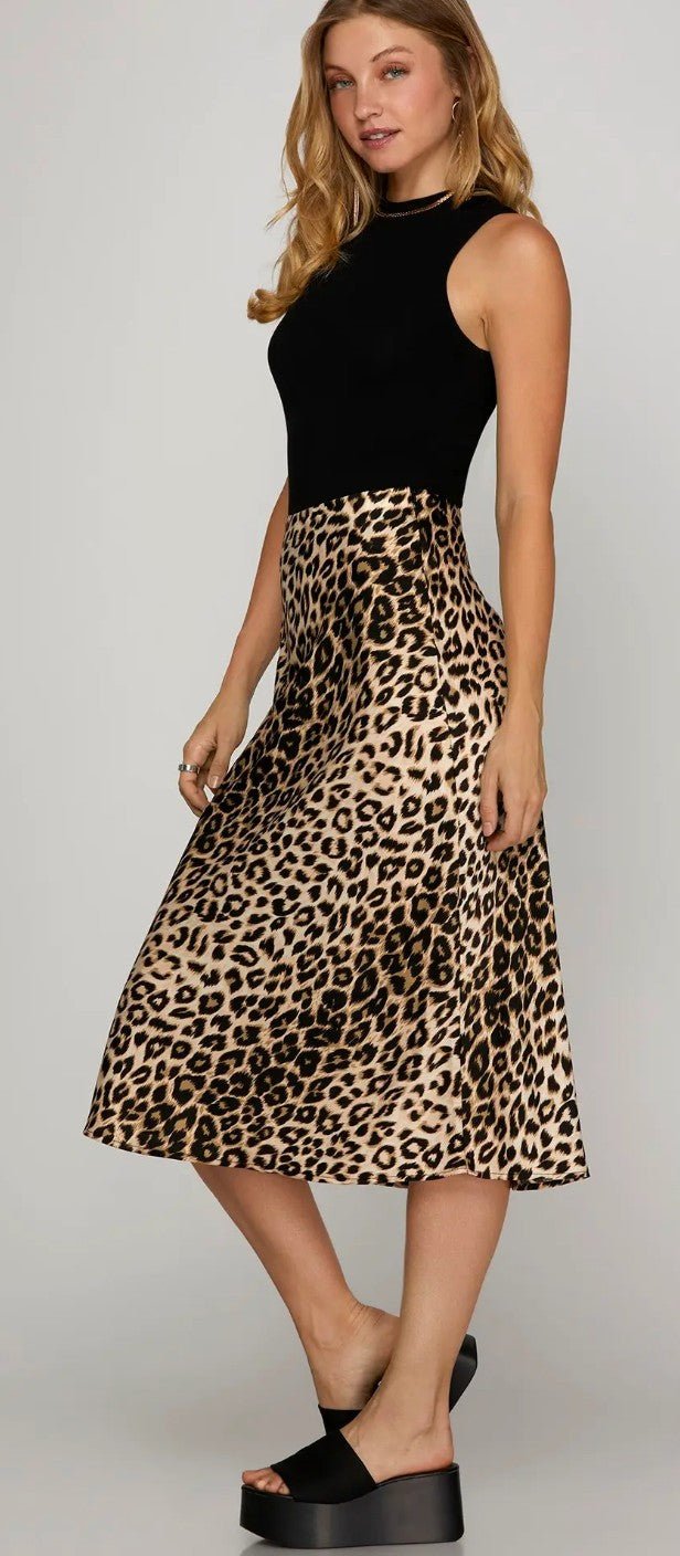 SATIN LEOPARD PRINT A LINE MIDI SKIRT WITH ELASTIC WAIST BAND - DENIM & ONYX