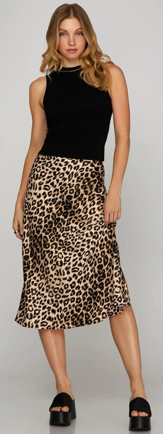 SATIN LEOPARD PRINT A LINE MIDI SKIRT WITH ELASTIC WAIST BAND - DENIM & ONYX
