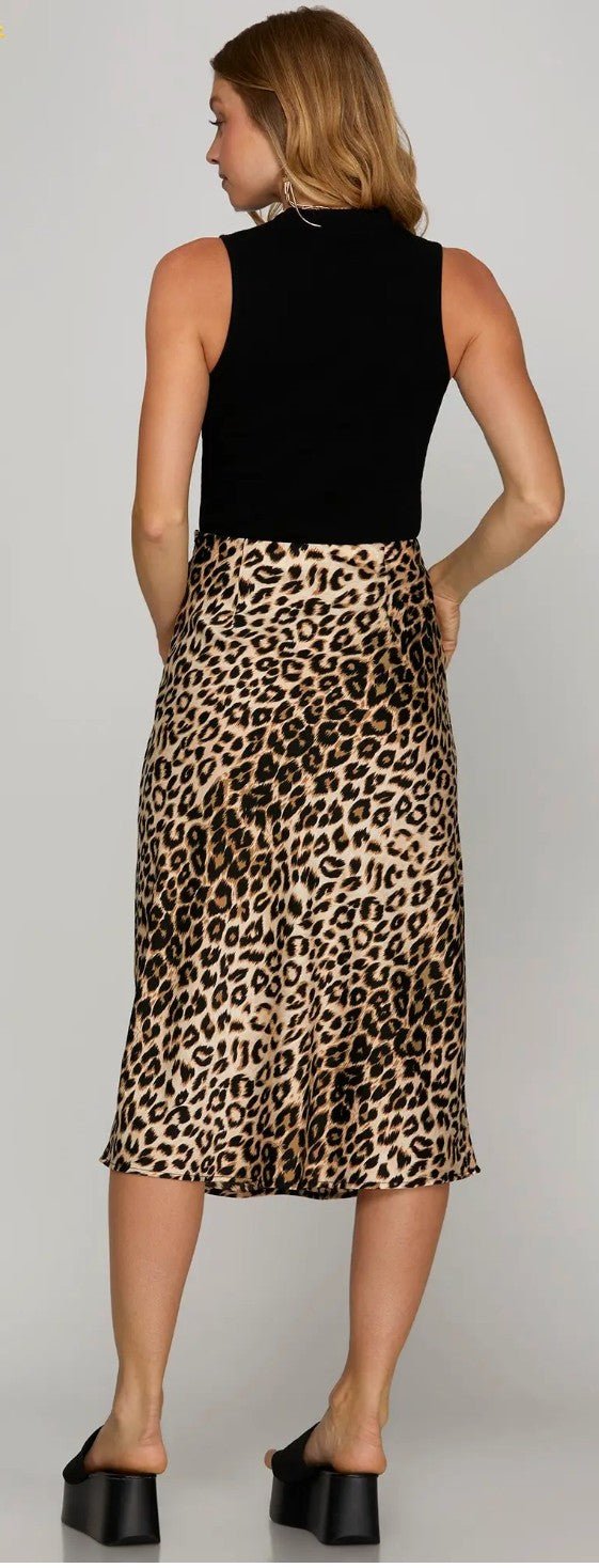 SATIN LEOPARD PRINT A LINE MIDI SKIRT WITH ELASTIC WAIST BAND - DENIM & ONYX