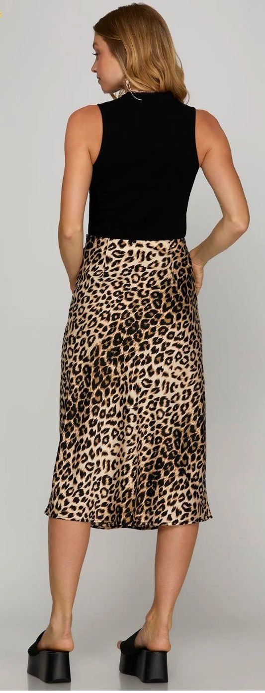 SATIN LEOPARD PRINT A LINE MIDI SKIRT WITH ELASTIC WAIST BAND - DENIM & ONYX
