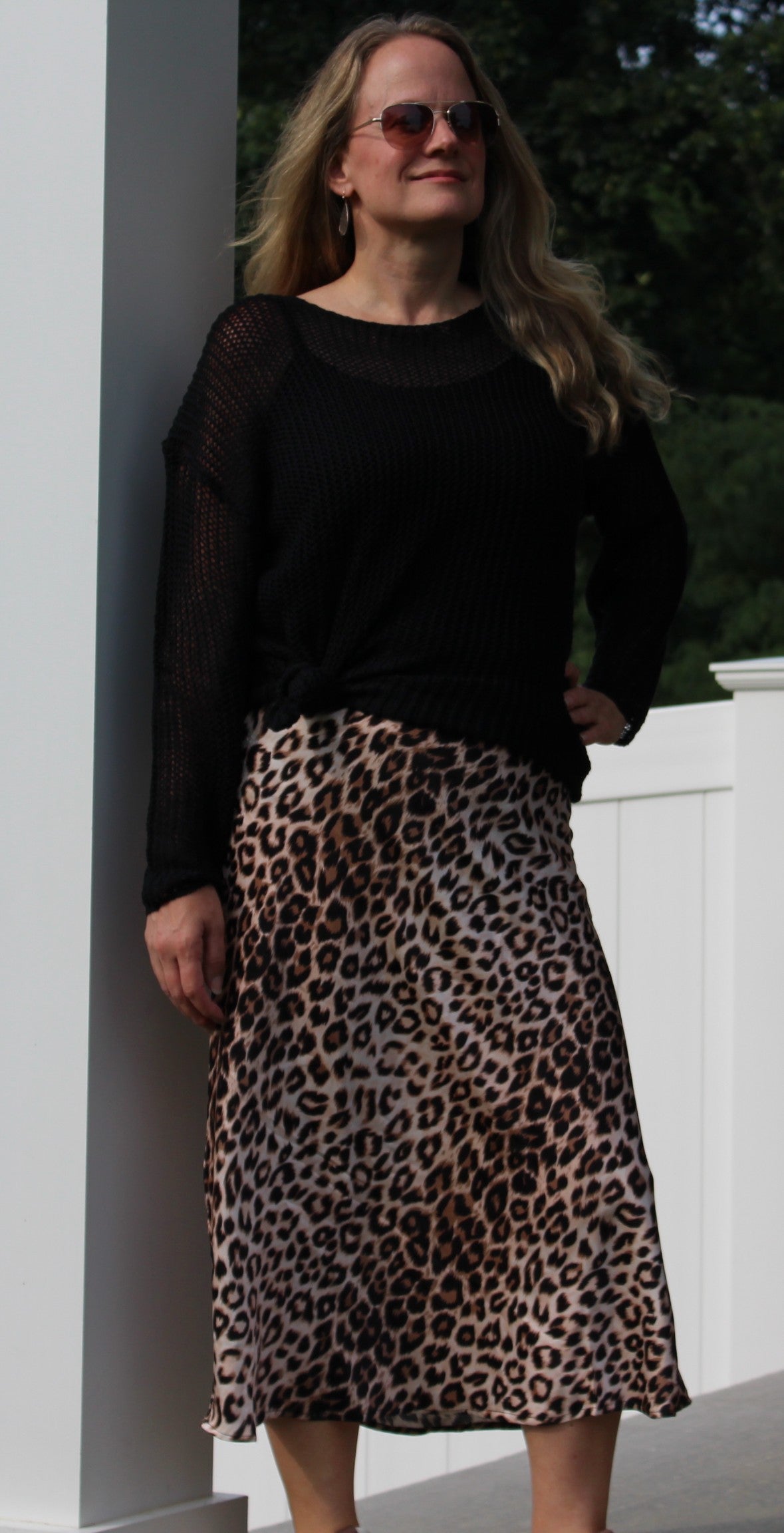 Satin Leopard Print A Line Midi Skirt With Elastic Waistband - DENIM & ONYX