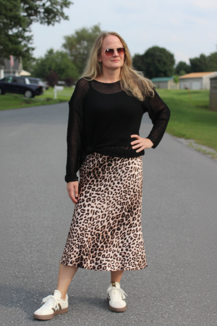 Satin Leopard Print A Line Midi Skirt With Elastic Waistband - DENIM & ONYX