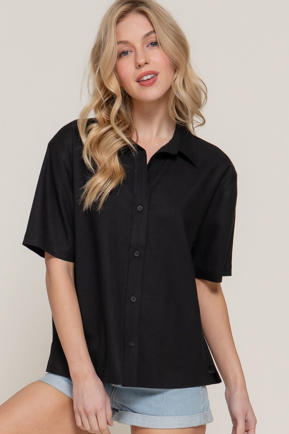 Short Sleeve Oversized Linen Blend Shirt - DENIM & ONYX