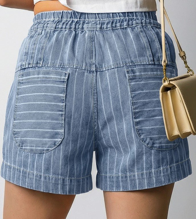 Sky Blue Striped Button Pleated High Wasted Denim Shorts - DENIM & ONYX